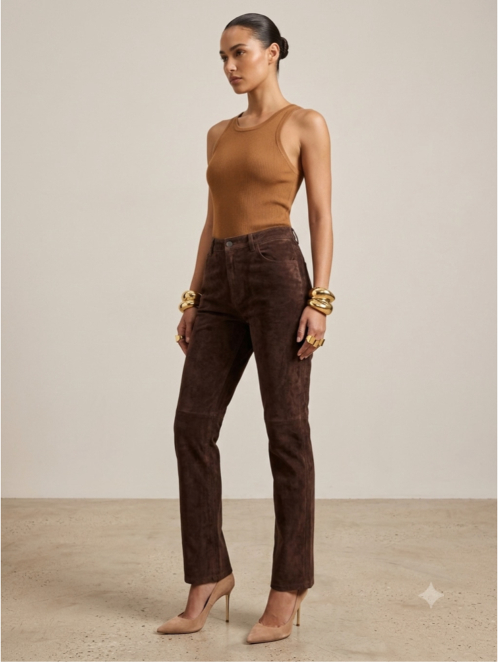 Chico's Vintage 100% Genuine Leather Suede Straight Leg Pants Chocolate Brown Sz